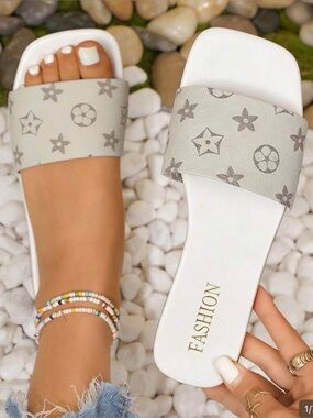 White Slide Sandals with Patterned Strap